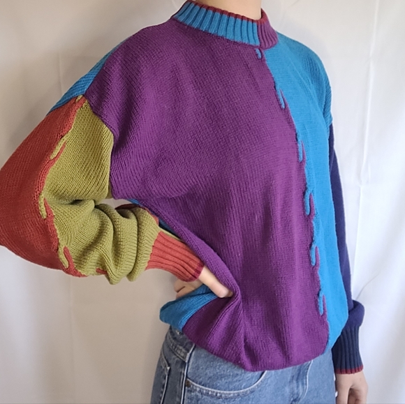 Vintage Color Block Mock Neck 100% Cotton Knit Sweater - Picture 5 of 6